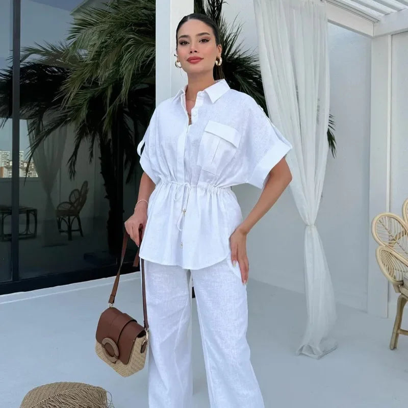 In Stock 2024 Summer New European And American Style Fashion Casual Suit Women's Workwear Drawstring Pocket Two-piece Women's Clothing