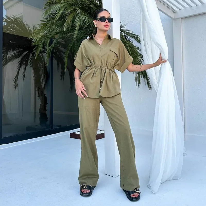In Stock 2024 Summer New European And American Style Fashion Casual Suit Women's Workwear Drawstring Pocket Two-piece Women's Clothing
