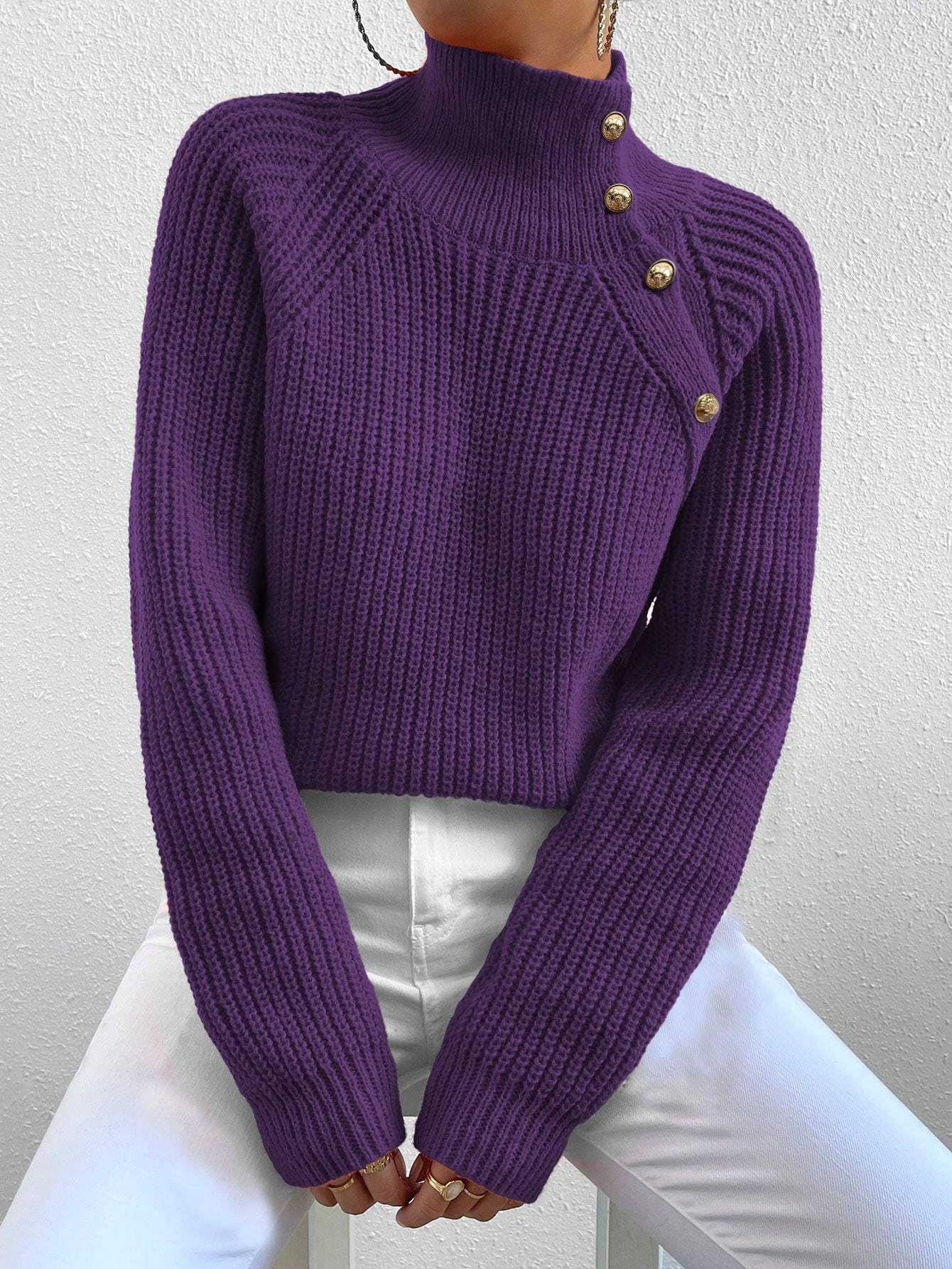 Women Casual Solid Color High Neck Raglan Sleeve Button Decor Pullover Sweater