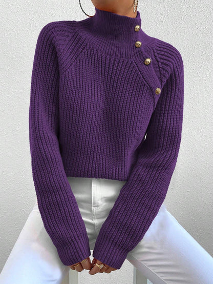 Women Casual Solid Color High Neck Raglan Sleeve Button Decor Pullover Sweater