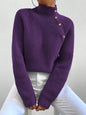 Women Casual Solid Color High Neck Raglan Sleeve Button Decor Pullover Sweater