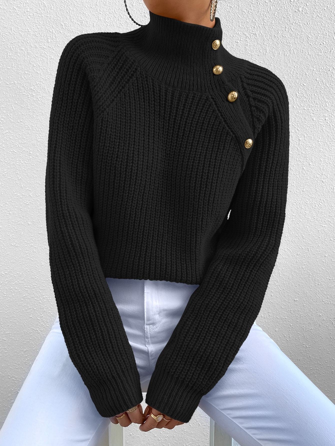Women Casual Solid Color High Neck Raglan Sleeve Button Decor Pullover Sweater