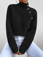 Women Casual Solid Color High Neck Raglan Sleeve Button Decor Pullover Sweater
