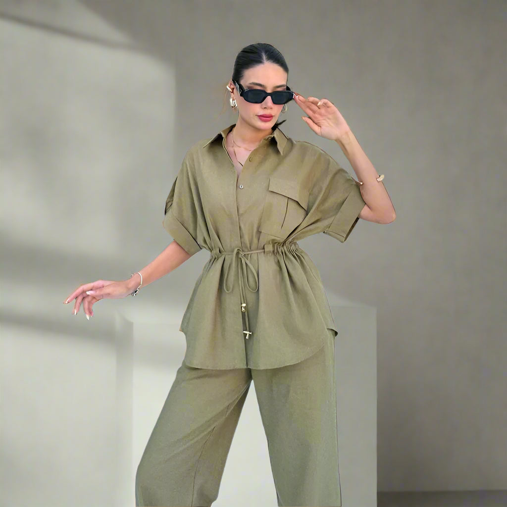 In Stock 2024 Summer New European And American Style Fashion Casual Suit Women&#039;s Workwear Drawstring Pocket Two-piece Women&#039;s Clothing