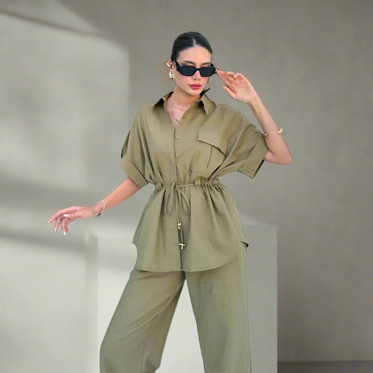 In Stock 2024 Summer New European And American Style Fashion Casual Suit Women&#039;s Workwear Drawstring Pocket Two-piece Women&#039;s Clothing
