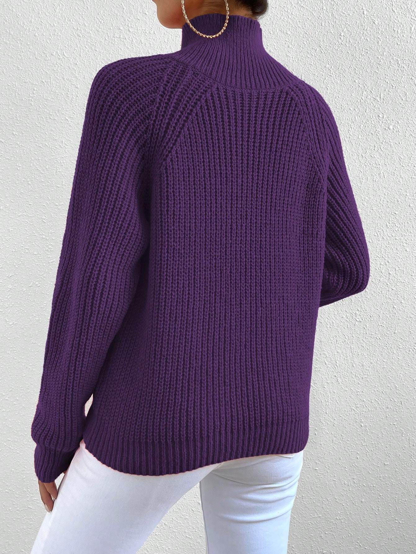 Women Casual Solid Color High Neck Raglan Sleeve Button Decor Pullover Sweater
