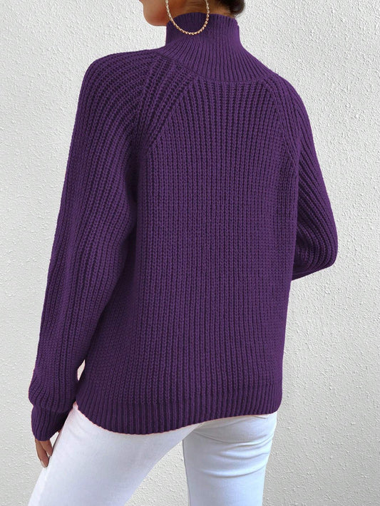 Women Casual Solid Color High Neck Raglan Sleeve Button Decor Pullover Sweater