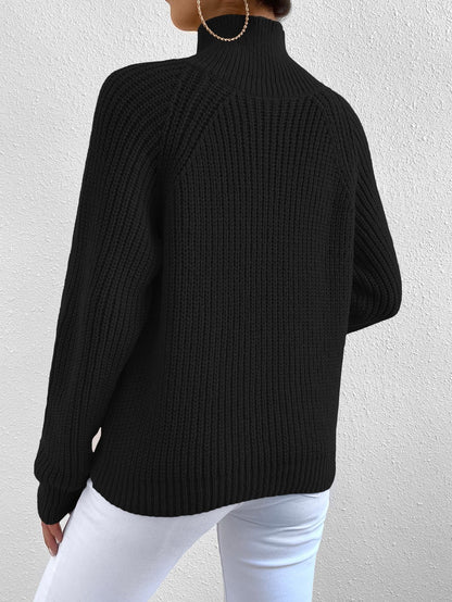 Women Casual Solid Color High Neck Raglan Sleeve Button Decor Pullover Sweater